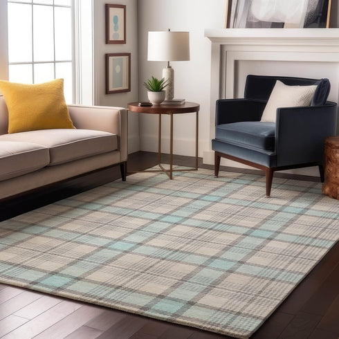9' X 12' Sky Blue Ivory And Gray Plaid Washable Area Rug With UV Protection