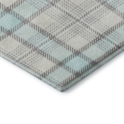 9' X 12' Sky Blue Ivory And Gray Plaid Washable Area Rug With UV Protection