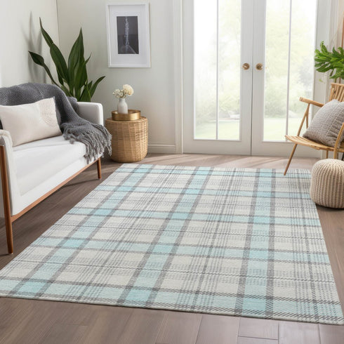 9' X 12' Sky Blue Ivory And Gray Plaid Washable Area Rug With UV Protection