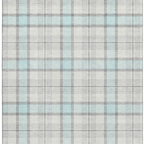 9' X 12' Sky Blue Ivory And Gray Plaid Washable Area Rug With UV Protection