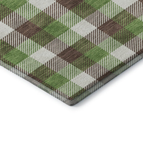 5' X 8' Brown Ivory And Green Plaid Washable Area Rug With UV Protection