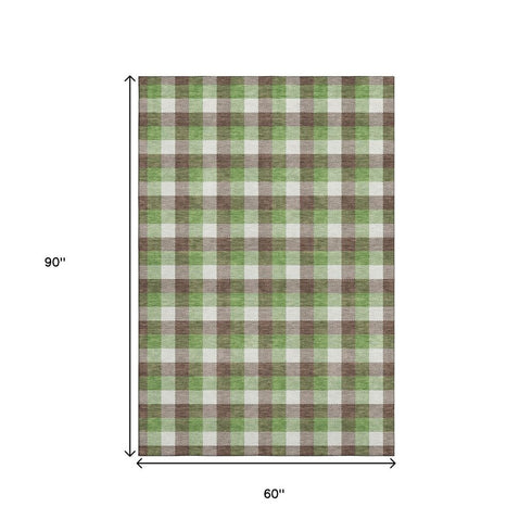5' X 8' Brown Ivory And Green Plaid Washable Area Rug With UV Protection