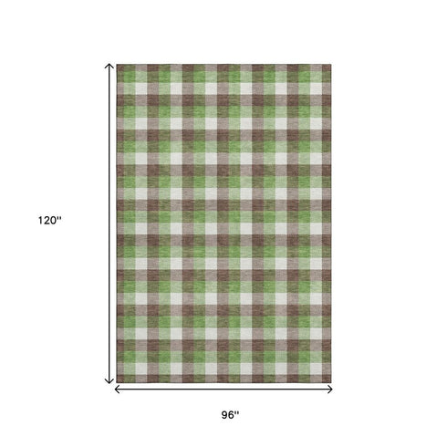 8' X 10' Brown Ivory And Green Plaid Washable Area Rug With UV Protection