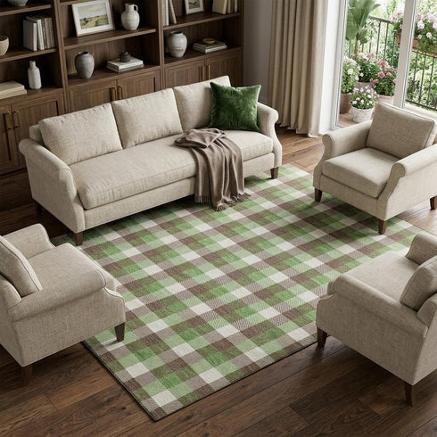 8' X 10' Brown Ivory And Green Plaid Washable Area Rug With UV Protection