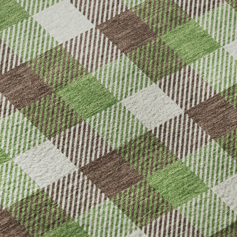 8' X 10' Brown Ivory And Green Plaid Washable Area Rug With UV Protection