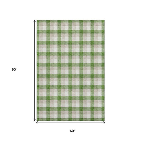 5' X 8' Emerald Beige And Ivory Plaid Washable Area Rug With UV Protection