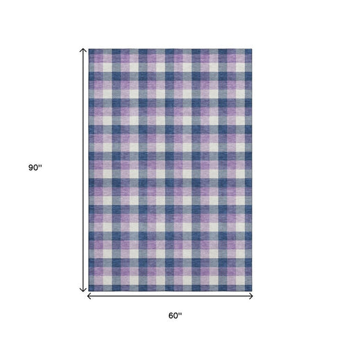 5' X 8' Navy Blue Ivory And Purple Plaid Washable Area Rug With UV Protection