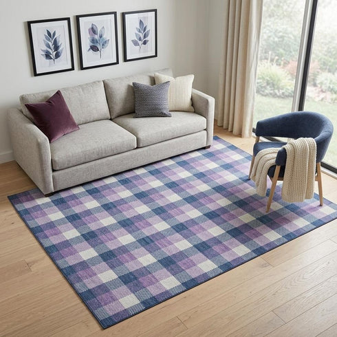 5' X 8' Navy Blue Ivory And Purple Plaid Washable Area Rug With UV Protection