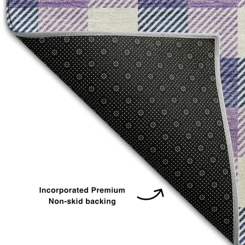 5' X 8' Navy Blue Ivory And Purple Plaid Washable Area Rug With UV Protection
