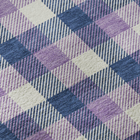 5' X 8' Navy Blue Ivory And Purple Plaid Washable Area Rug With UV Protection