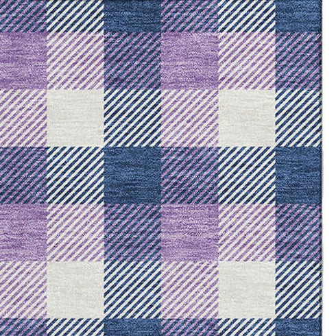 5' X 8' Navy Blue Ivory And Purple Plaid Washable Area Rug With UV Protection
