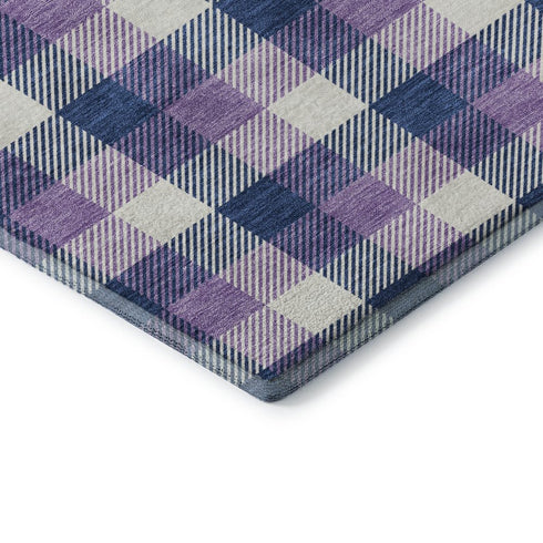 8' X 10' Navy Blue Ivory And Purple Plaid Washable Area Rug With UV Protection