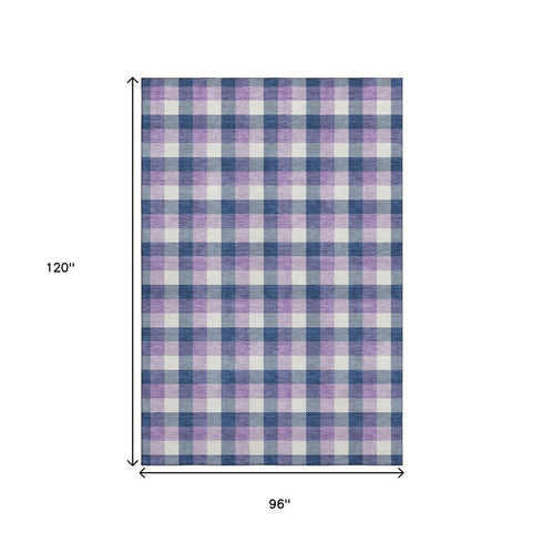 8' X 10' Navy Blue Ivory And Purple Plaid Washable Area Rug With UV Protection