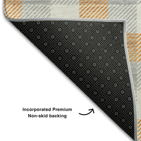 5' X 8' Orange Ivory And Gray Plaid Washable Area Rug With UV Protection