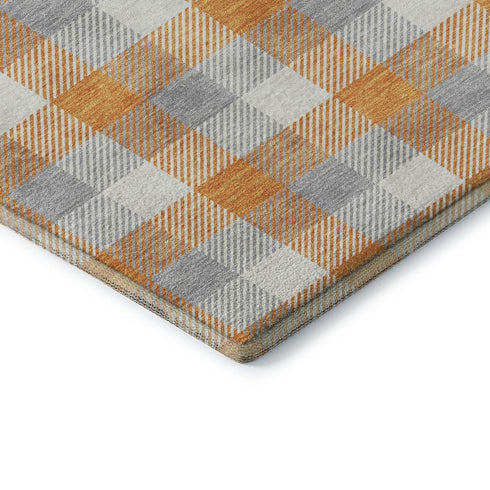 5' X 8' Orange Ivory And Gray Plaid Washable Area Rug With UV Protection