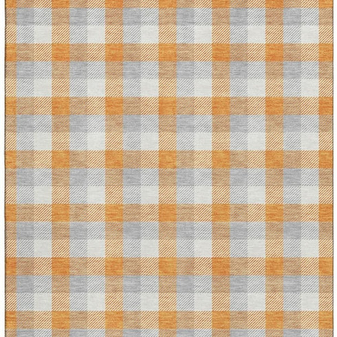 5' X 8' Orange Ivory And Gray Plaid Washable Area Rug With UV Protection