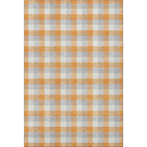 5' X 8' Orange Ivory And Gray Plaid Washable Area Rug With UV Protection