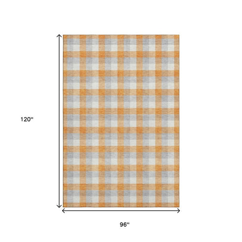 8' X 10' Orange Ivory And Gray Plaid Washable Area Rug With UV Protection