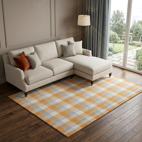 8' X 10' Orange Ivory And Gray Plaid Washable Area Rug With UV Protection