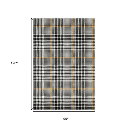 8' X 10' Black Ivory And Gold Plaid Washable Area Rug With UV Protection