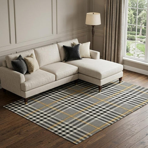 8' X 10' Black Ivory And Gold Plaid Washable Area Rug With UV Protection