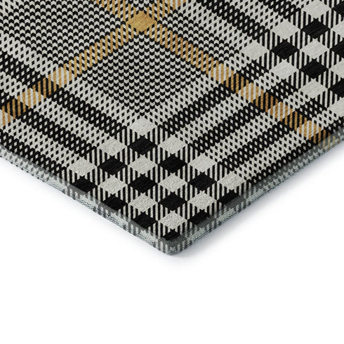 8' X 10' Black Ivory And Gold Plaid Washable Area Rug With UV Protection