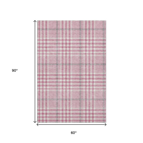 5' X 8' Blush Ivory And Gray Plaid Washable Area Rug With UV Protection
