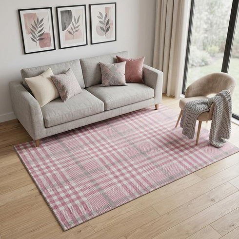 5' X 8' Blush Ivory And Gray Plaid Washable Area Rug With UV Protection