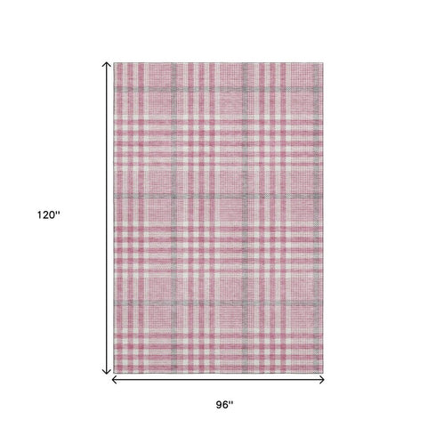 8' X 10' Blush Ivory And Gray Plaid Washable Area Rug With UV Protection