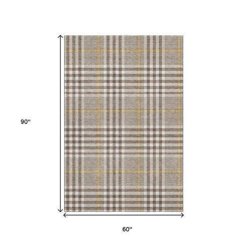5' X 8' Brown Ivory And Gold Plaid Washable Area Rug With UV Protection