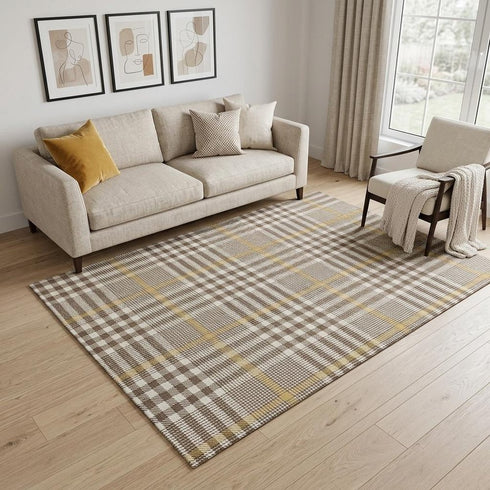 5' X 8' Brown Ivory And Gold Plaid Washable Area Rug With UV Protection