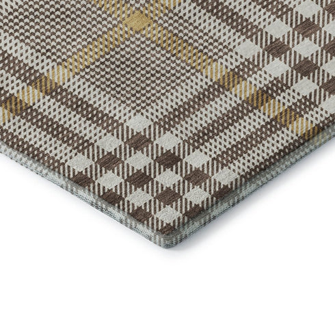 5' X 8' Brown Ivory And Gold Plaid Washable Area Rug With UV Protection