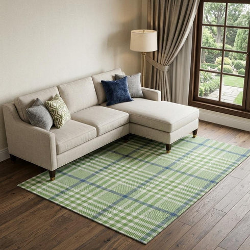 8' X 10' Green Ivory And Blue Plaid Washable Area Rug With UV Protection
