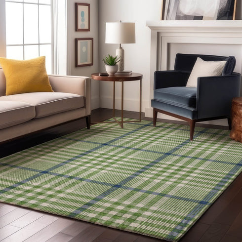 8' X 10' Green Ivory And Blue Plaid Washable Area Rug With UV Protection