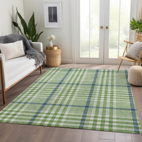 8' X 10' Green Ivory And Blue Plaid Washable Area Rug With UV Protection