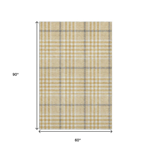 5' X 8' Gold Ivory And Gray Plaid Washable Area Rug With UV Protection