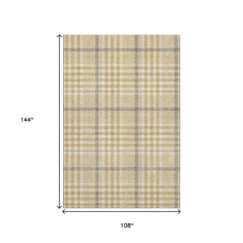 9' X 12' Gold Ivory And Gray Plaid Washable Area Rug With UV Protection