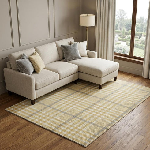 9' X 12' Gold Ivory And Gray Plaid Washable Area Rug With UV Protection