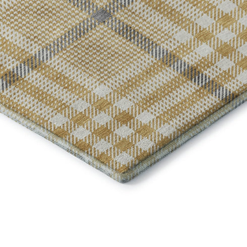9' X 12' Gold Ivory And Gray Plaid Washable Area Rug With UV Protection