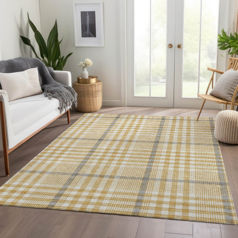 9' X 12' Gold Ivory And Gray Plaid Washable Area Rug With UV Protection