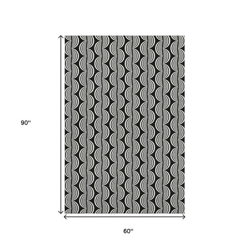 5' X 8' Black And Ivory Ogee Washable Area Rug With UV Protection