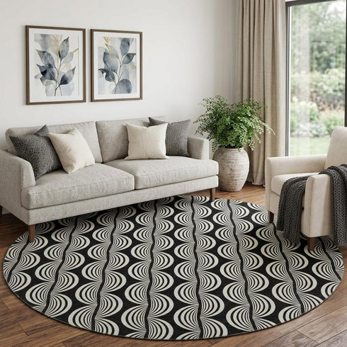 8' Black And Ivory Ogee Washable Round Rug With UV Protection