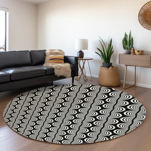 8' Black And Ivory Ogee Washable Round Rug With UV Protection