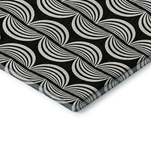8' Black And Ivory Ogee Washable Round Rug With UV Protection