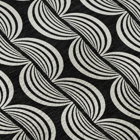 8' Black And Ivory Ogee Washable Round Rug With UV Protection