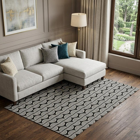9' X 12' Black And Ivory Ogee Washable Area Rug With UV Protection