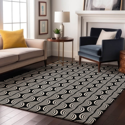 9' X 12' Black And Ivory Ogee Washable Area Rug With UV Protection