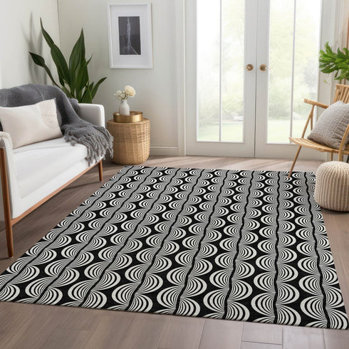 9' X 12' Black And Ivory Ogee Washable Area Rug With UV Protection