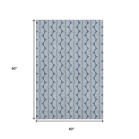 5' X 8' Denim Blue Ivory And Gray Ogee Washable Area Rug With UV Protection