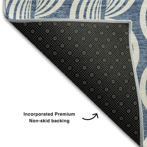 5' X 8' Denim Blue Ivory And Gray Ogee Washable Area Rug With UV Protection